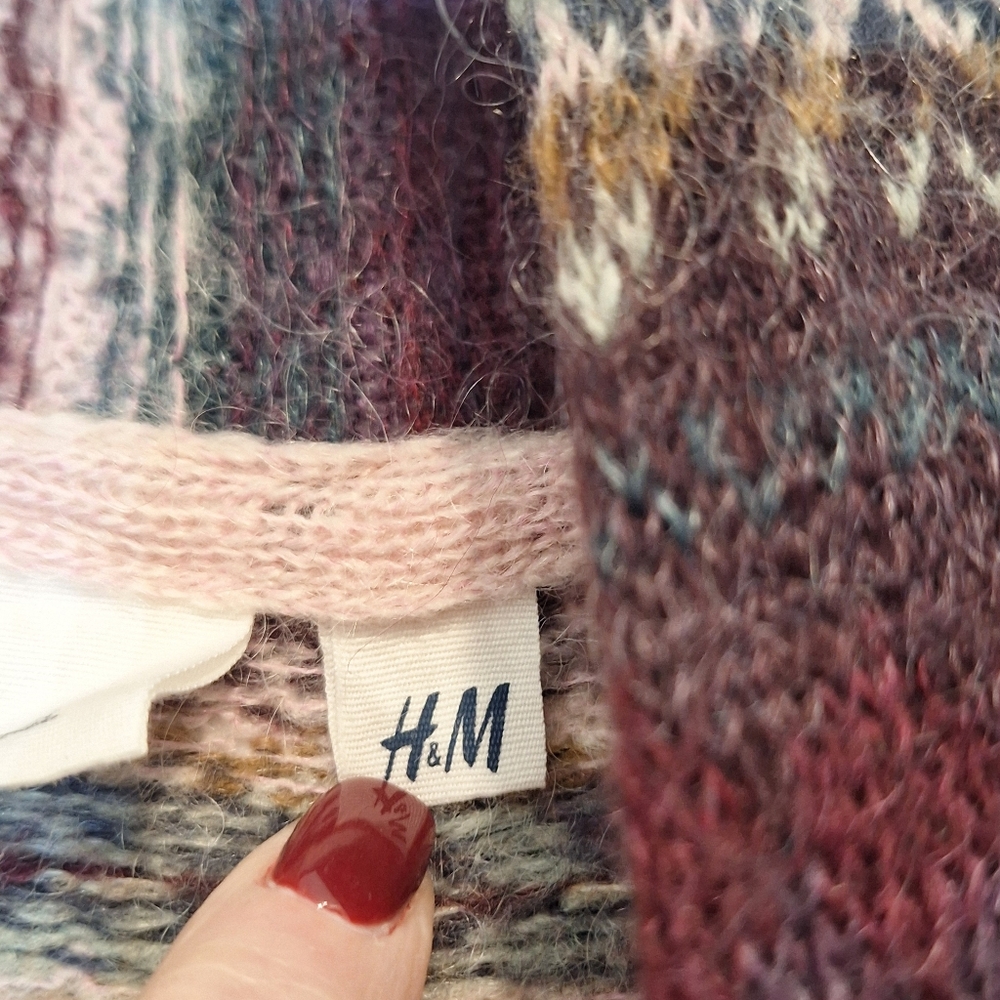 H&M Mohair Blend LOGG Open Front Cardigan Fair Isle Aztec Sz Medium Multicolor - Picture 3 of 10